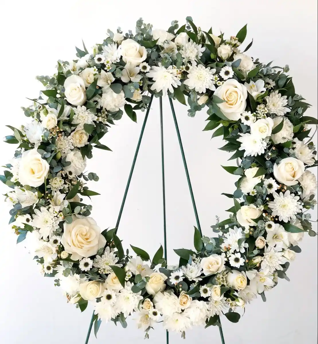 White Roses with Gypso, White Chrysants, and Greens.